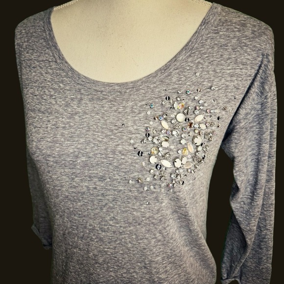 J. Crew Heathered Gray Crystal & Sequin Bejeweled 3/4 Sleeve Tee Shirt Size XS - Picture 3 of 11